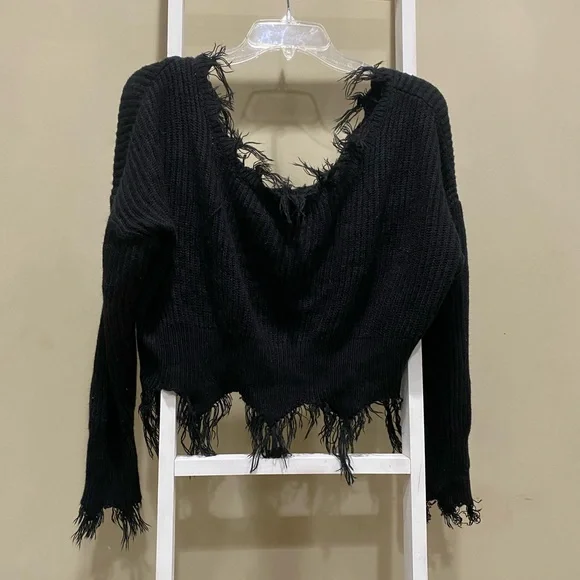 SHEIN Black Distressed Cropped Sweater Small Fringe Grunge Knit Top - Picture 1 of 8